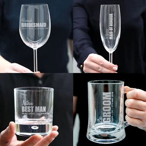 Groomsmen Bridesmaid Glass Personalised Name Engraved Champagne Wine Beer Scotch - Picture 1 of 14