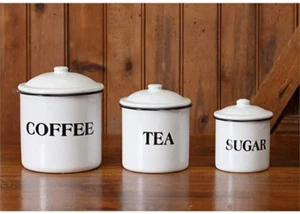 Nuevo Juego de 3 Contenedores de Esmalte Blanco y Negro Café Té Azúcar - Imagen 1 de 1