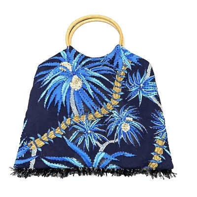 VTG 90s Hawaiian Purse Fabric, Beads,Fringe, Wooden Circle Handles Dark Blue 12” - Image 1 of 4