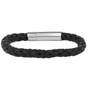 81stgeneration Stainless Steel Braided Black Leather Wrist Bracelet, 22 cm - Imagen 1 de 3
