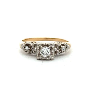 Vintage 13K Yellow White Gold Round Diamond Solitaire Square Engagement Ring - Picture 1 of 11