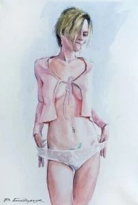 Original watercolor painting. Beautiful naked girl. Minimalist illustration art - Picture 1 of 10