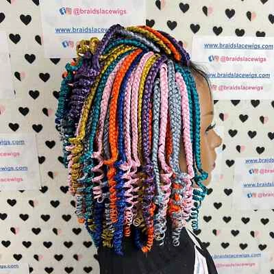 Multicolor Box Braids Short Curls Curly Braided Lace Front Wig For Black Women - Image 1 of 4