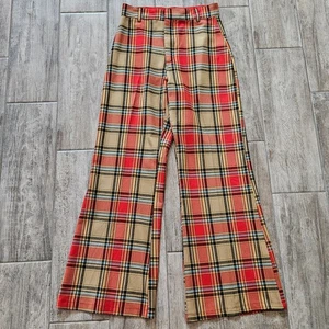 Free People Jules Plaid Wide-Leg Flared Puddle Pants Size 8 Rust Red/Tan 70s 80s - Picture 1 of 11