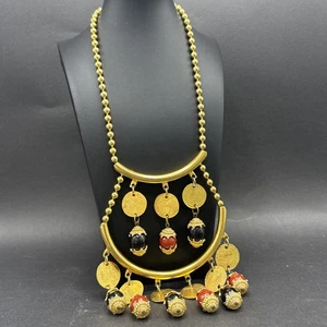 Vintage KENNETH LANE Etruscan Two Tier Golden Coin Beaded Necklace - Picture 1 of 9