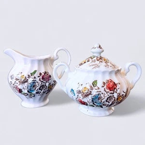 VTG Johnson Bros Staffordshire Brown Floral Bouquet Sugar Bowl Lid Creamer China - Picture 1 of 8