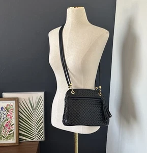 SISO ITALY VINTAGE LEATHER Woven Handbag Black Bottega Style Gold Accents EUC - Picture 1 of 9