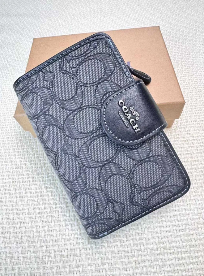 Coach CP435 Medium Corner Zip Wallet Black Signature Denim