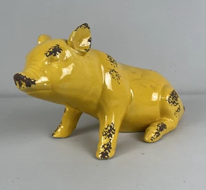 Vintage Yellow Pig Piggy Ceramic Figure Figurine Distressed - Picture 1 of 8