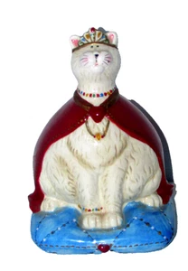 CERAMIC WHITE CAT BANK blue cushion royal crown burgundy cape 5x5" base (B - Picture 1 of 5