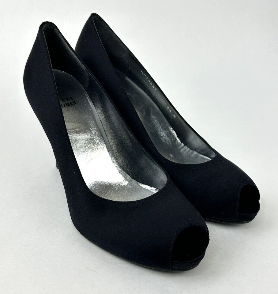 Zapatos de tacón de aguja de tela de diseñador Stuart Weitzman 9,5 M negros 4" punta abierta NUEVO Foto 1 de 4