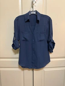 Express Portofino Womens Blue V Neck Pockets Buttons Shirt Size XS - Picture 1 of 6