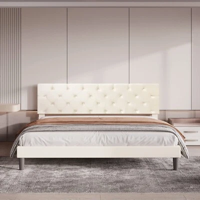 Bonsoir Queen Size Bed Frame Upholstered Low Profile Traditional Platform - Image 1 of 4