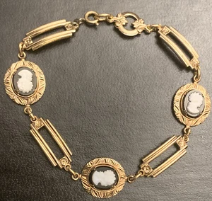 Antique Art Deco Carved Pronged Cameo 12k Gold Filled Link Bracelet 8” - Picture 1 of 5