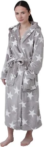 Style Slice Snuggle Dressing Gown Soft  Fleece  Cosy Hooded Robe New Stars Grey - Picture 1 of 3