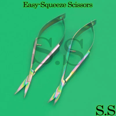 Set Of 2 Embroidery Snip Scissors Rainbow Colored Titanium Spring Snip Curved - Image 1 of 3