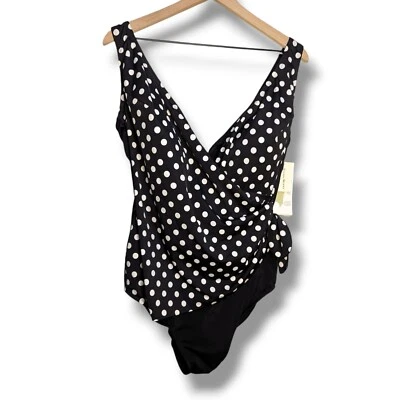 NWT Studio Works 22W Black Polka Dot Wrap Front Built-in Bra 1 Pc Swimsuit - Image 1 of 4
