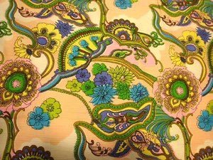 Vintage Mod Flower Power Fabric Green Pink Textured Cotton Screen Print 3+ Yds - Picture 1 of 5