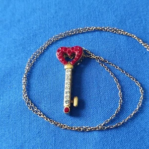 Sterling Silver Crystal Skeleton Key Heart Necklace 18" Signed Gold Vermeil  - Picture 1 of 12