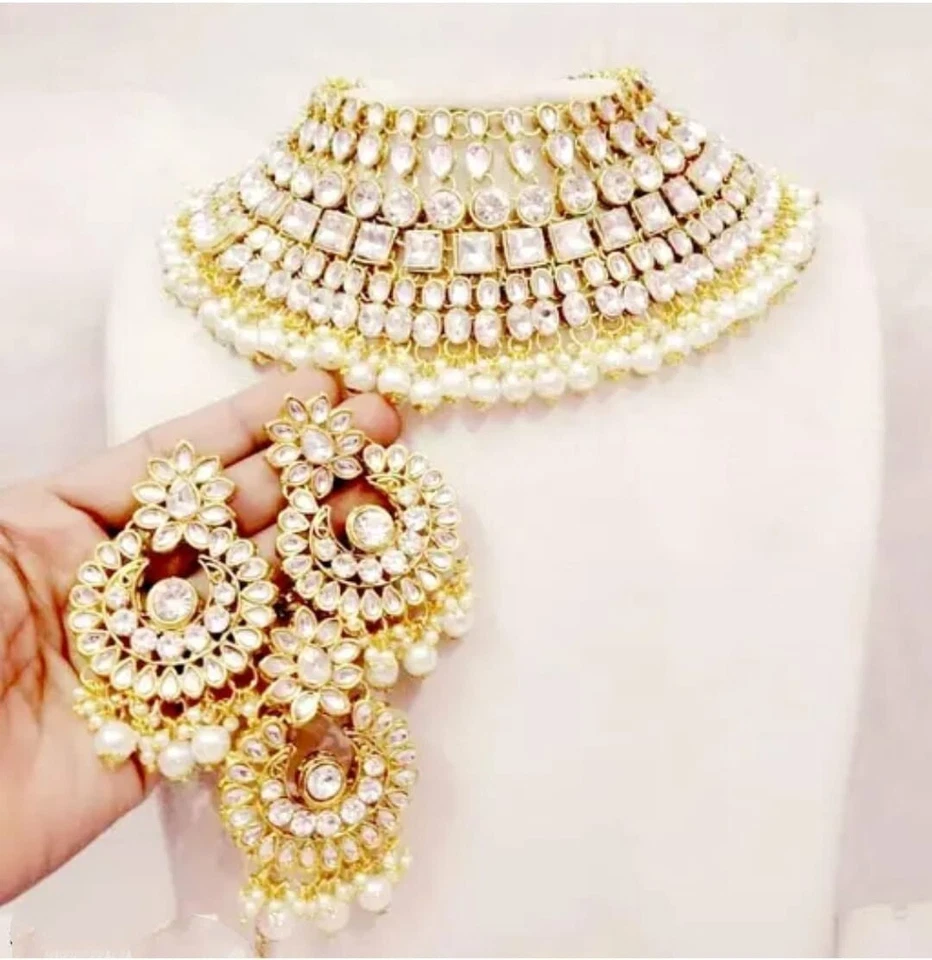 Conjunto de collar nupcial de moda de oro Kundan de perlas blancas estilo Bollywood indio Foto 1 de 2