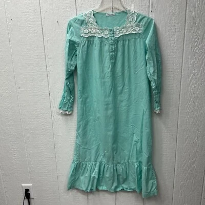 Camisón Ekouaer Victoriano Verde Aqua Algodón S Manga Larga Encaje Cottagecore Nuevo Foto 1 de 4