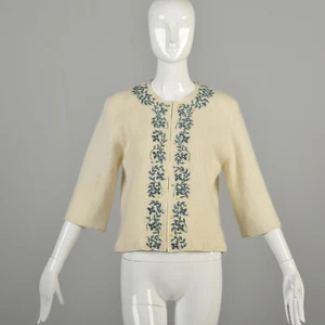 1960s Large Cream Beaded Cardigan Sweater Knit Angora Blend 3/4 sleeves - Picture 1 of 10