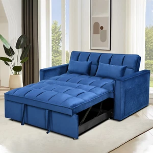 3 in 1 Convertible Velvet Futon Loveseat Sleeper Sofa Bed w/ Pillows & Pockets - Picture 1 of 8