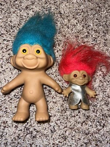 Vintage Troll Doll 1991 TNT Blue Hair Yellow Eyes & Sm. Troll Red Hair Clothes - Picture 1 of 8