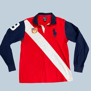 Vintage Polo Ralph Lauren USA Flag Ski Patch Striped Rugby Shirt Youth XL - Picture 1 of 12