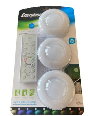 ENERGIZER Wireless COLOR-CHANGING Puck Lights 3 Pack W/ REMOTE, Dimmer AND Timer - Image 1 of 4