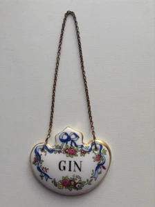 Vintage Staffordshire Porzellan floral fein GIN Dekanter Etikett Messing Kette - Bild 1 von 10