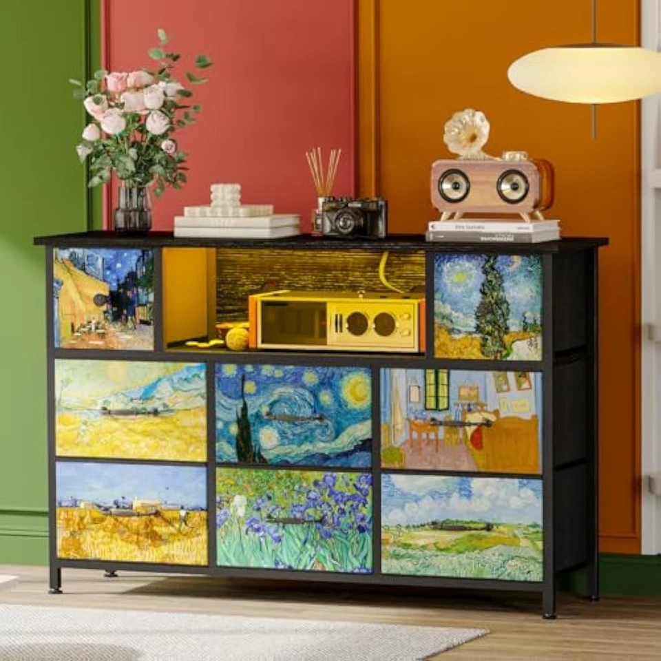 Dresser for kid bedroom with power outlets and led lights, van gogh bl - Image 1 of 1
