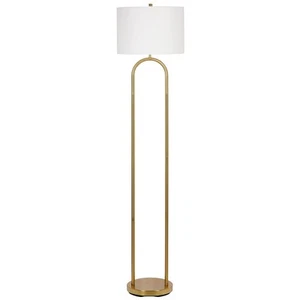 Isla Gold Floor Lamp with Rounded Base and White Linen Drum Shade for Living ... - Picture 1 of 7