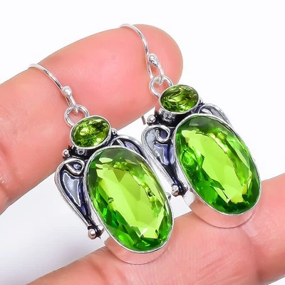 Peridot Gemstone 925 Sterling Silver Earring 1.7" R135 - Image 1 of 4