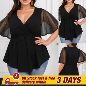 Plus Size 18-26 Women Glitter Sheer Tops Frill Sleeve Ruffle Party Shirts Blouse - Picture 1 of 15