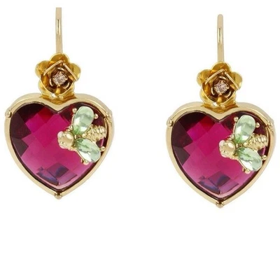 Pendientes colgantes Betsey Johnson tono dorado cristal fucsia corazón flor e insecto Foto 1 de 4