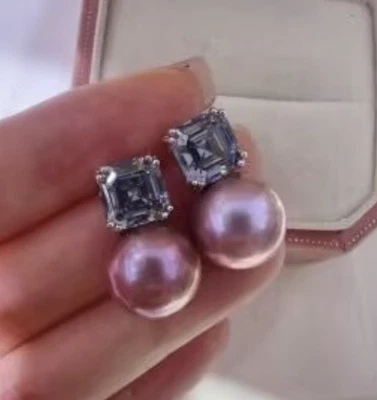 华丽一对 10-11 毫米南海圆形薰衣草珍珠吊坠耳环 925s(t) — 第 1/3 张图片