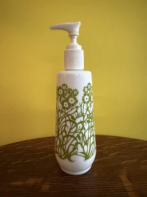 1970’s Amway Milk Glass Lotion Soap Dispenser Green Floral - Image 1 of 4
