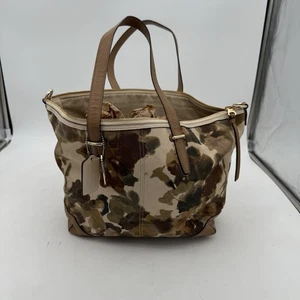 Coach Floral Canvas Leather Tote Bag Brown Cream Large Zip Top Purse 1373-29011 - Picture 1 of 24