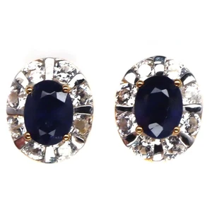 925 Sterling Silver 6 x 8 MM. Blue Sapphire & White Zircon Two Tone Earrings - Picture 1 of 4