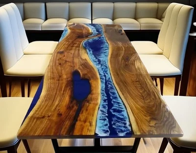 Mesa de río epoxi océano azul Live Edge - Mesa de comedor de resina de lujo Foto 1 de 4