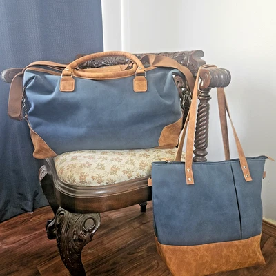 Дорожная сумка комплект-1 спортивная и 1 Дамская сумка синий с коричневой искусственной кожи отделки комплект из 2 - Изображение 1 из 4