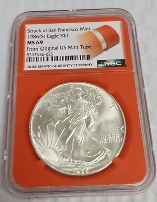 1986-S $1 Silver Eagle MS69 From Original US Mint Tube Struck @ SanFran AA376 - Image 1 of 3