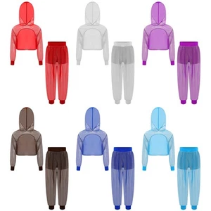 Kids Girls Hip-hop Jazz Dance Outfit Long Sleeve Hooded Crop Top with Pants Set - Picture 1 of 41