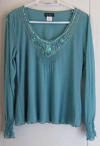 WOMEN'S BLOUSE TOP AQUA Sz L by TICKET NYLON SEQUINS CROCHET BEADS View PHOTOS - Picture 1 of 7