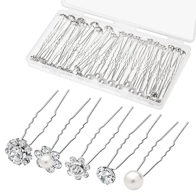 40 Pack Wedding Pearl Hair Pins for Bridal, Silver Pearl Rhinestone Hair Pins - Image 1 of 4