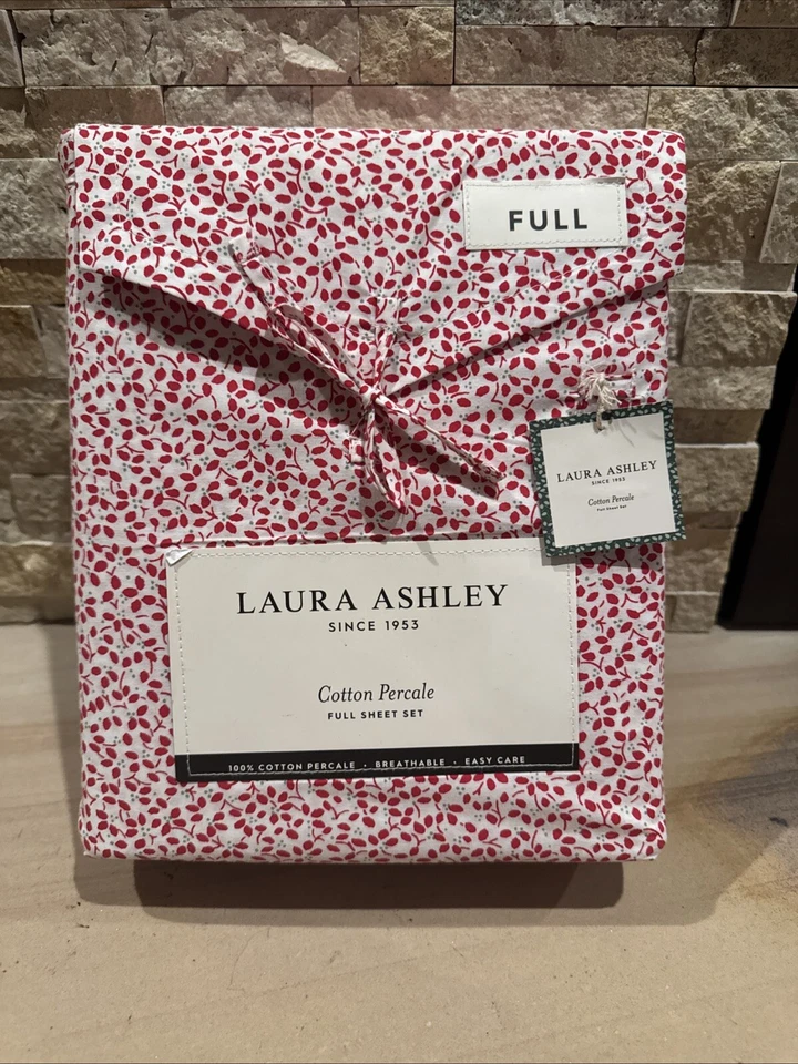 Laura Ashley Full Size Sheet Set Jolly Holly Red 4pc Farmhouse Chic Cottage NWT - Image 1 of 4