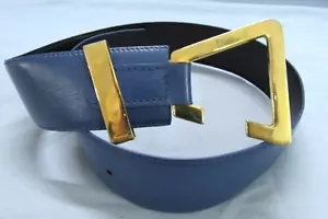 VTG 80's CHRISTIAN DIOR Avant Garde Modernist BLUE LEATHER BELT Gold Hardware S - Picture 1 of 7