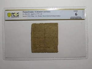 1772 Four Pence Pennsylvania PA Colonial Currency Bank Note Bill RARE PCGS G6 - Picture 1 of 4