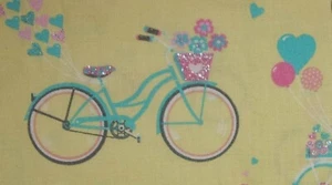 COTTON Fabric Traditions BICYCLES-HEARTS & GLITTER Yellow-Turquoise-Pink 1yard - Picture 1 of 5